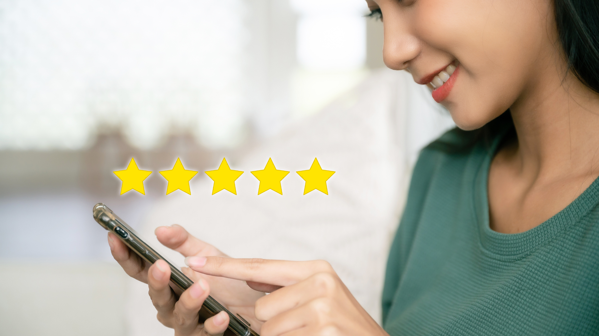 Smiling person using a smartphone with a five-star rating icon beside it