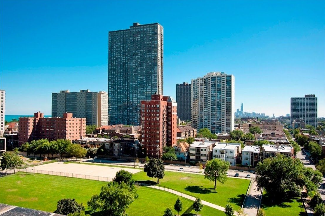 A city skyline with tall residential buildings overlooking a green park, accompanied by two smaller inset feature images.