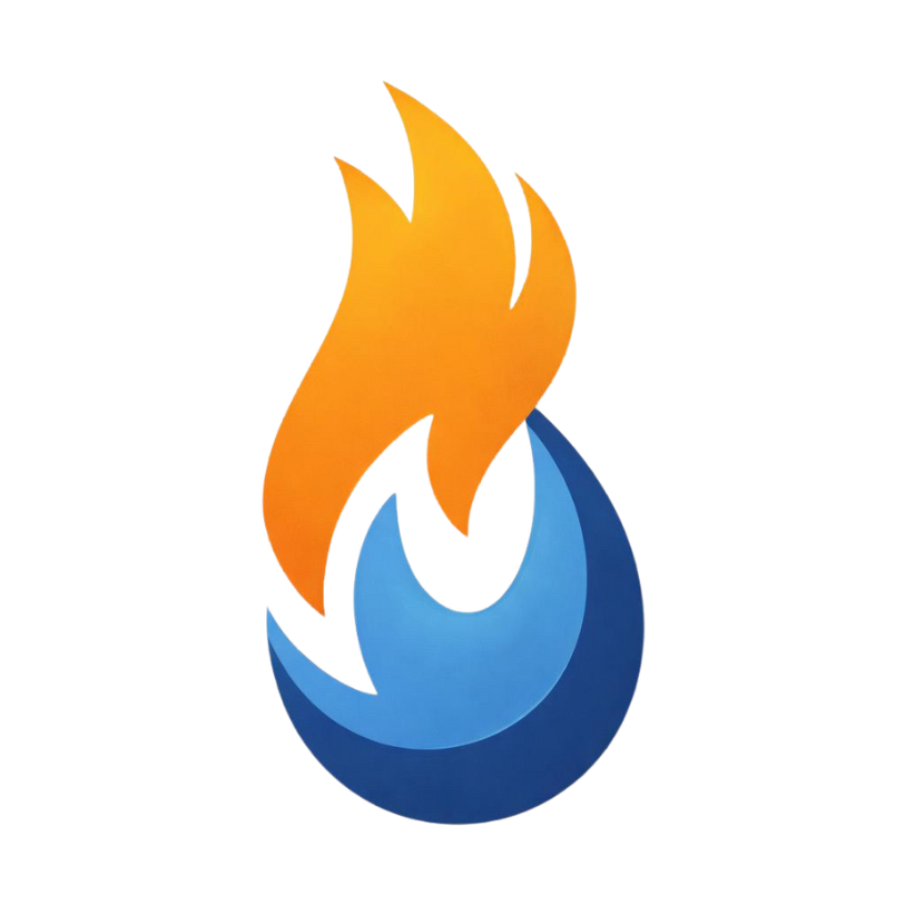 Flame-shaped logo with orange flames atop a blue, stylized tear-drop shape.