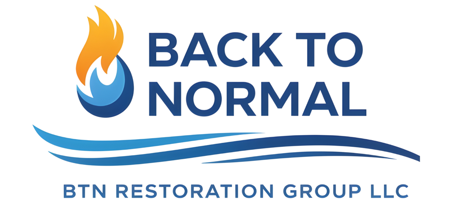 Logo for BTN Restoration Group. Features a flame and water graphic with the text 