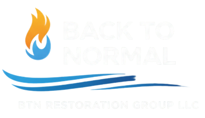 Logo for BTN Restoration Group LLC: Flame and water graphic with text 