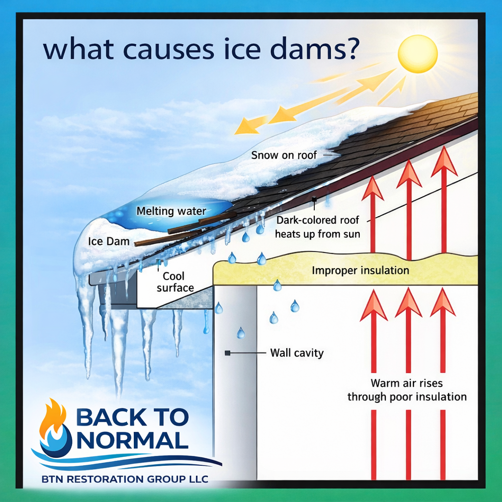Diagram showing how ice dams form on a roof due to warm air and snow.