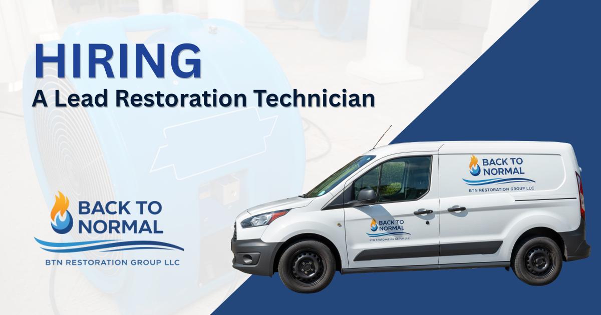 Job posting for a Lead Restoration Technician with the company Back to Normal, featuring a company van on a blue background.