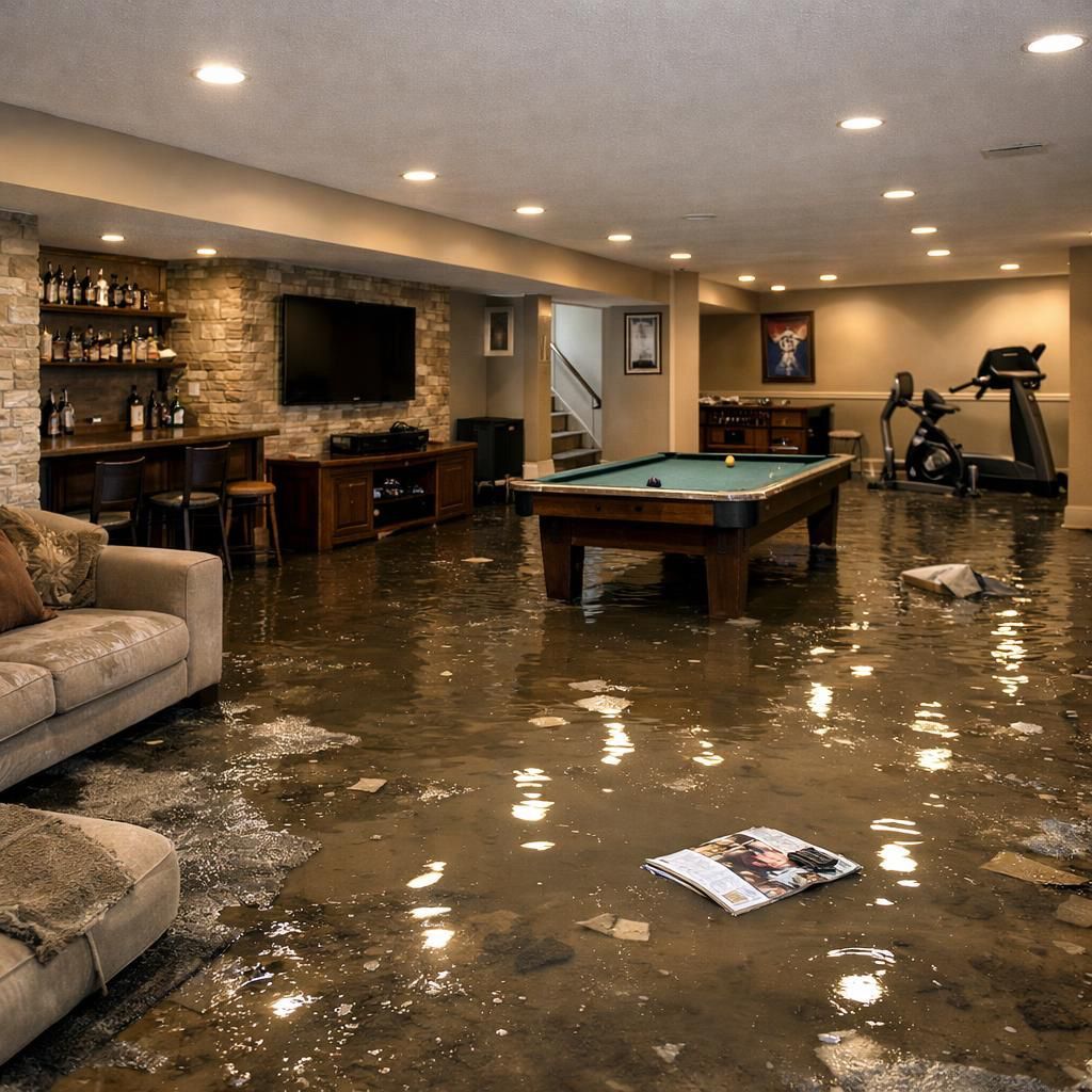Flooded basement with bar, pool table, TV, and exercise equipment. Water covers the floor, debris scattered.