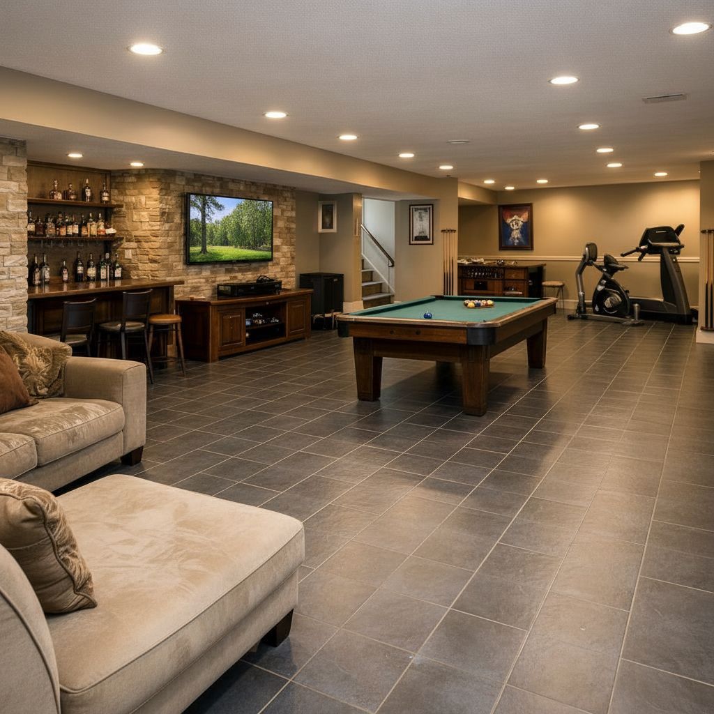 Finished basement with bar, TV, pool table, exercise equipment, and seating. Gray tiled floor.