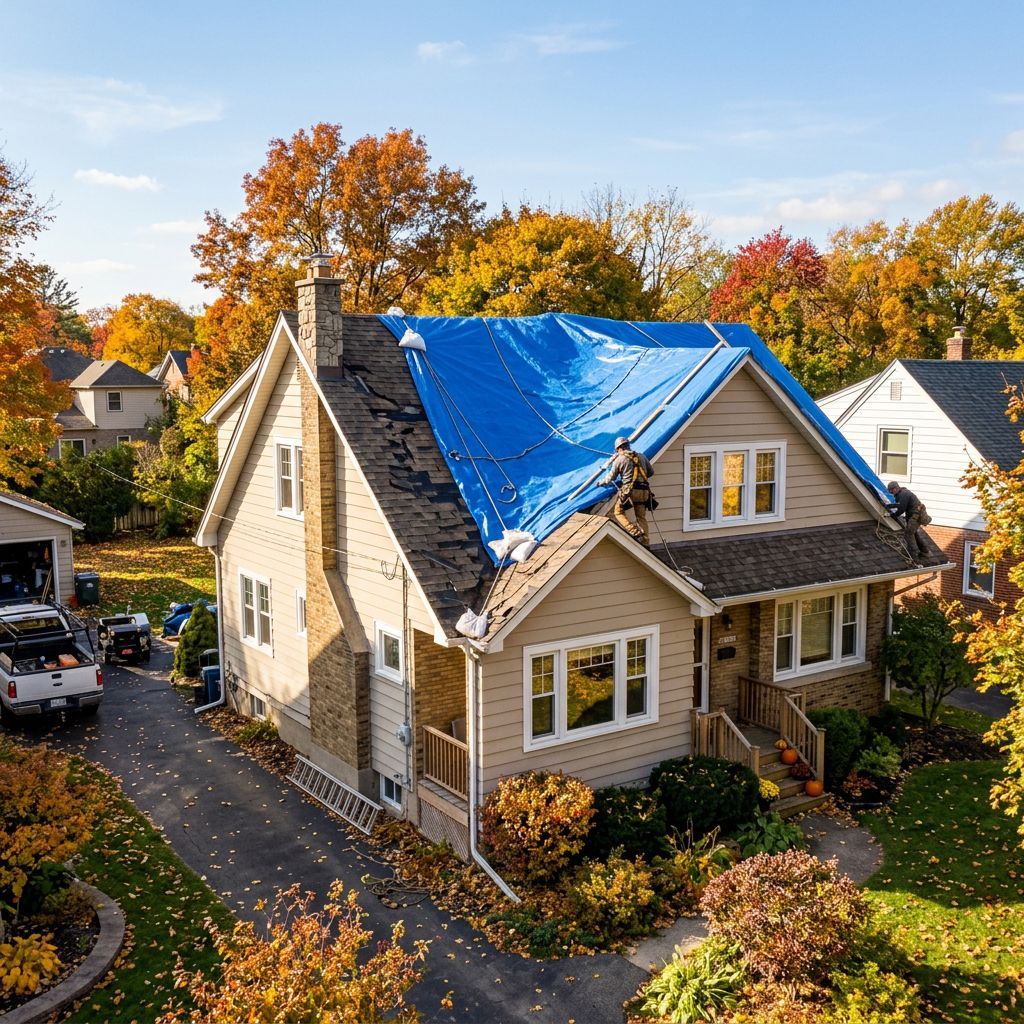 A house with a large blue tarp covering part of the roof while two workers perform repairs.