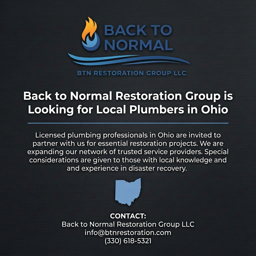 Back to Normal Restoration Group recruitment ad for licensed plumbers in Ohio with contact info and state map icon.