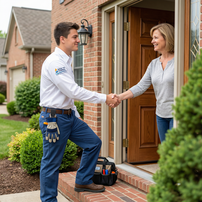 Man in uniform shakes hands with woman at a front door, smiling. Toolkit, brick house visible.