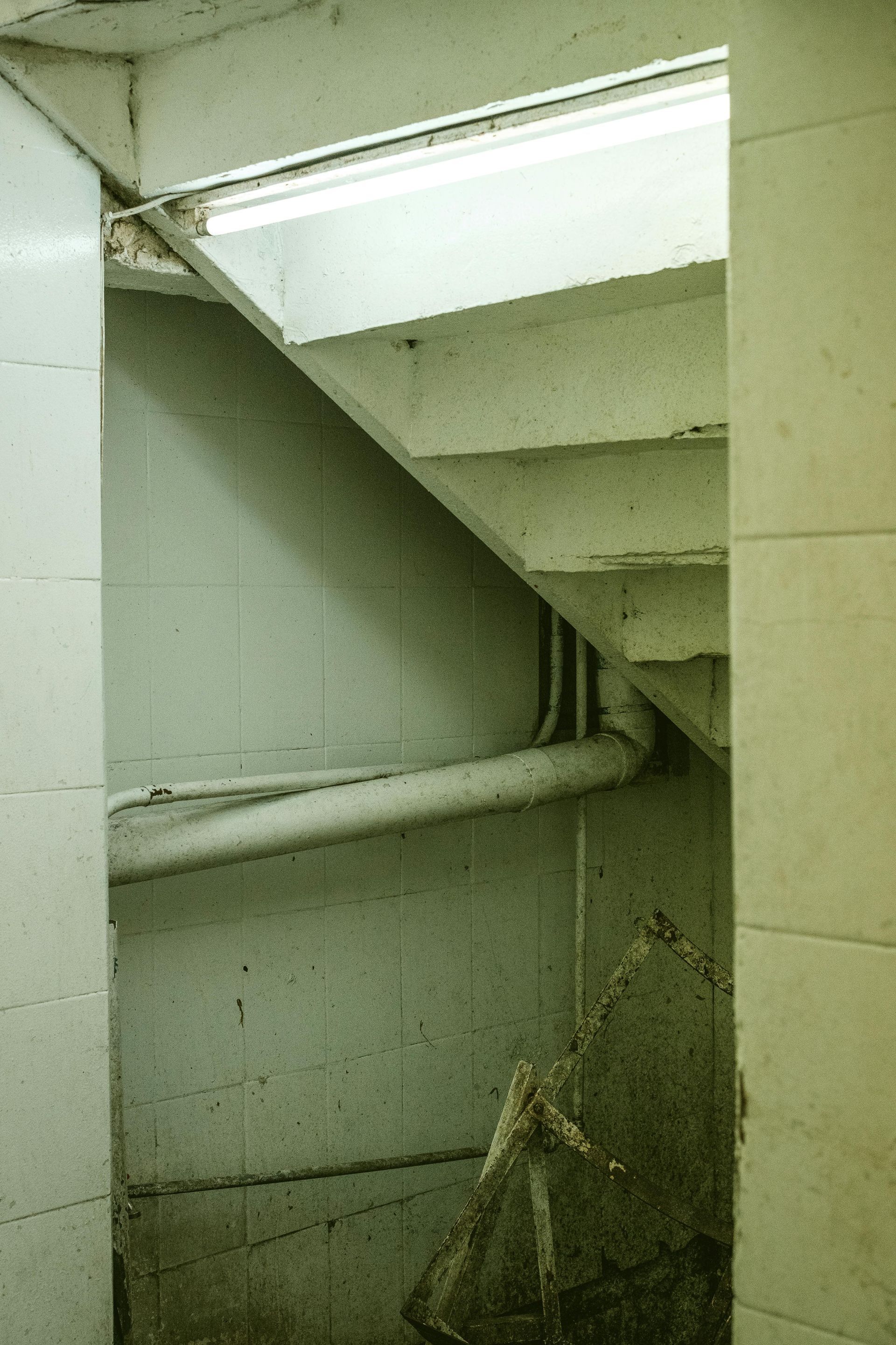 Stairwell with concrete steps and white tiles, lit by a fluorescent light.