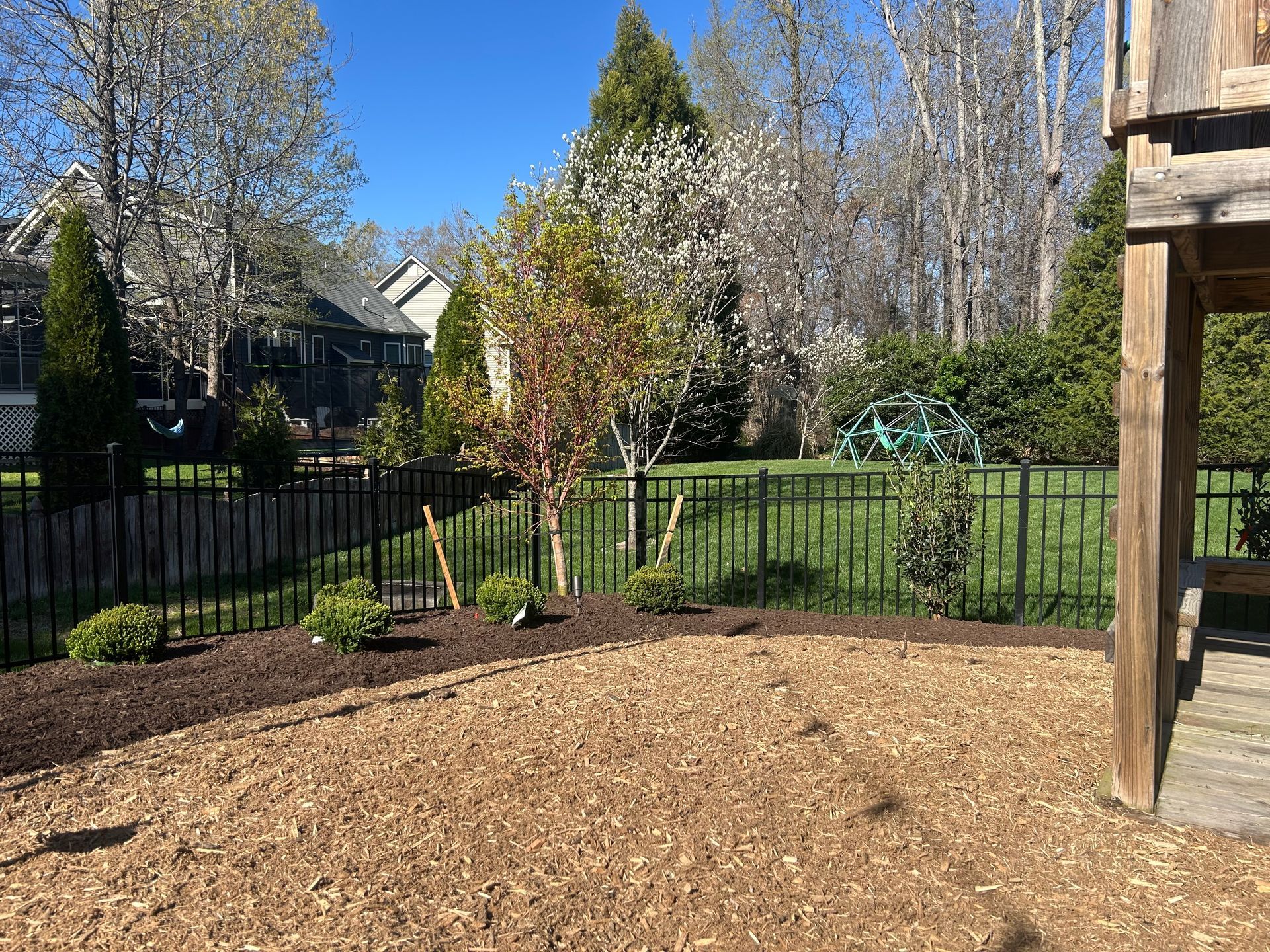 A sunny suburban backyard with a mulched play area, a black metal fence, small shrubs, and a partial view of a playset.