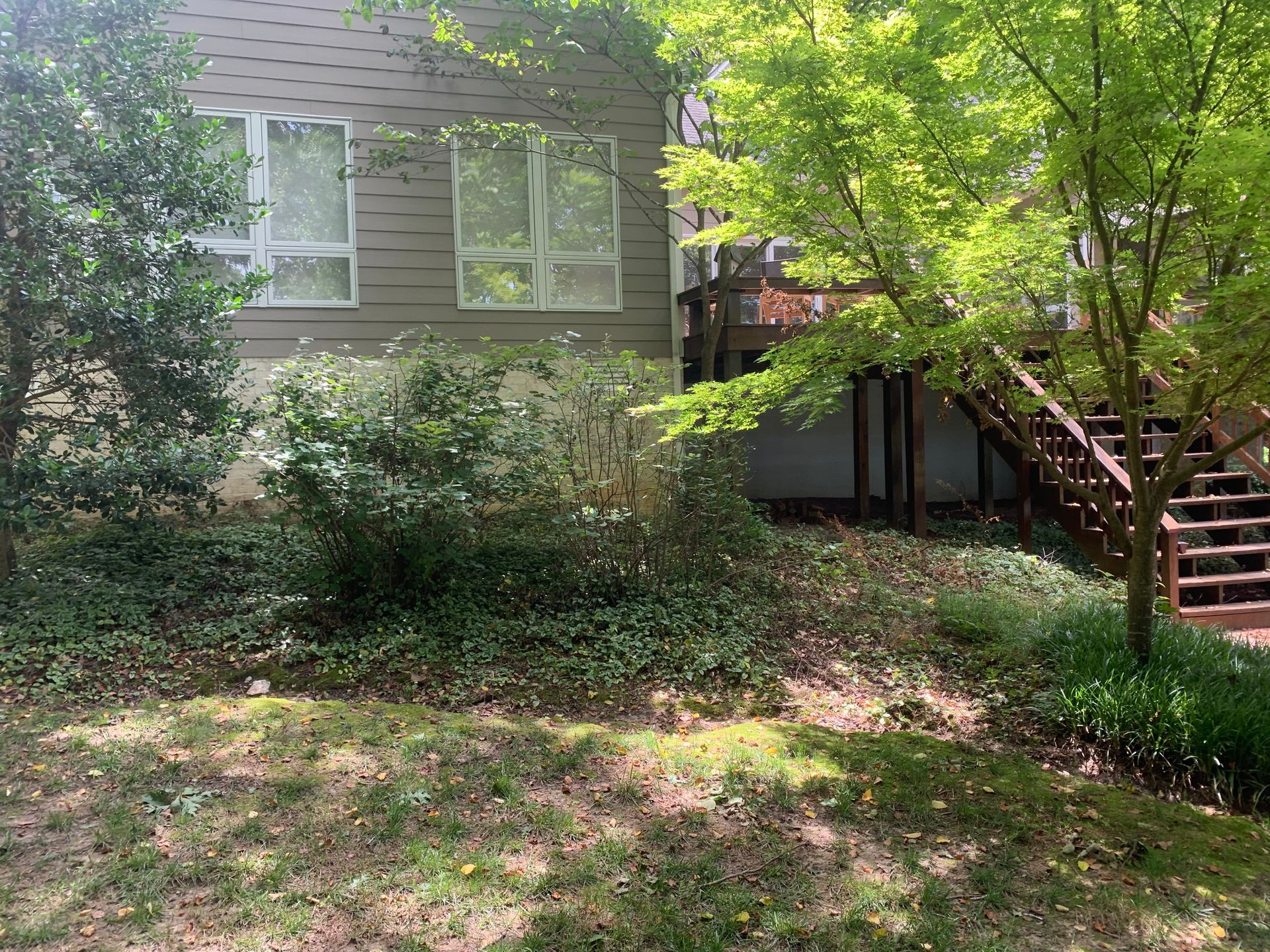 A house exterior with grey siding and a wooden deck featuring stairs, framed by trees and garden shrubbery.