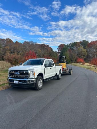 A stone path winds through a mulch-covered garden bed toward a forest with tall trees in the background.