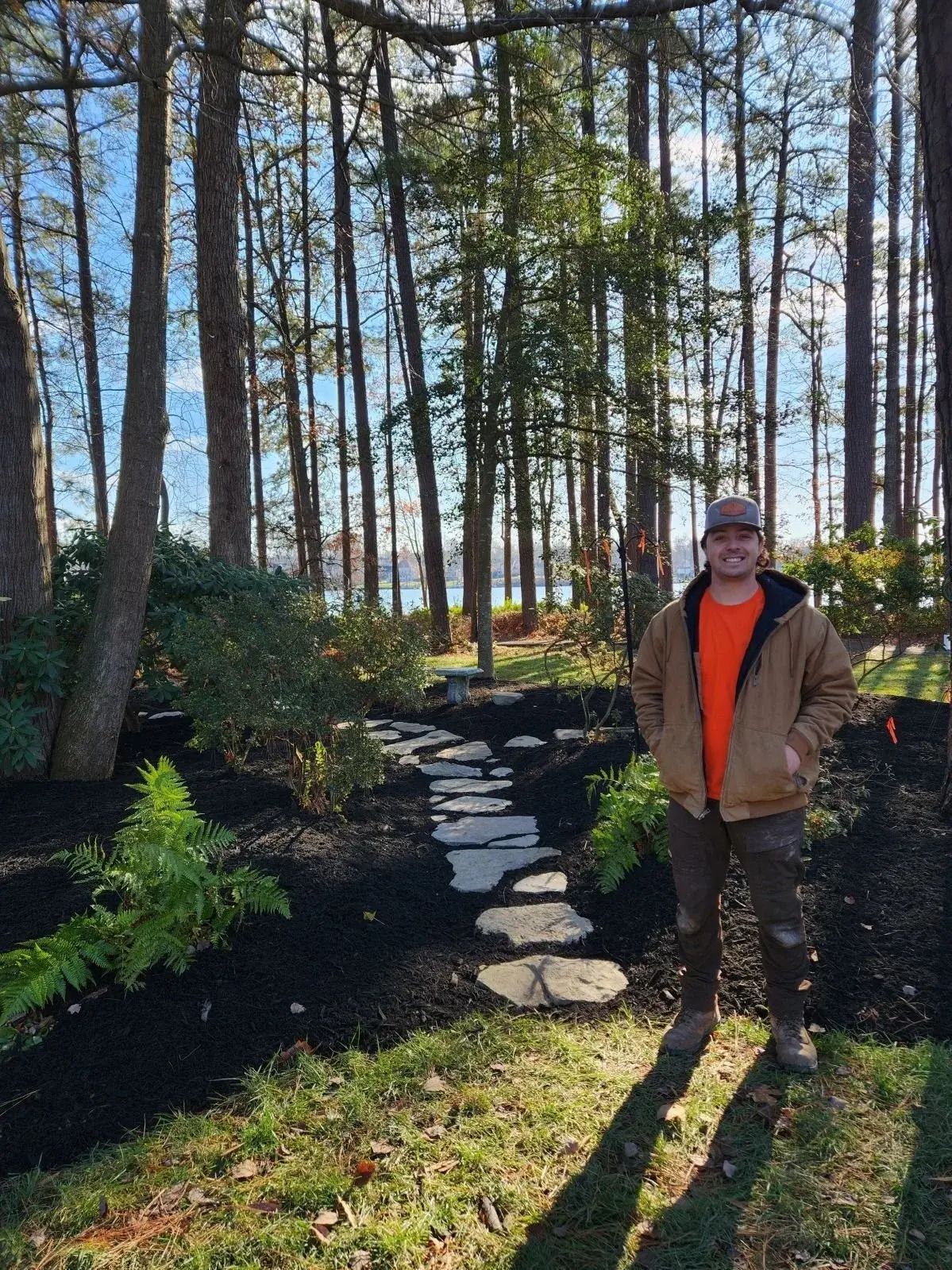 A grassy path leads between lines of tall, green trees under a clear blue sky on a bright day.