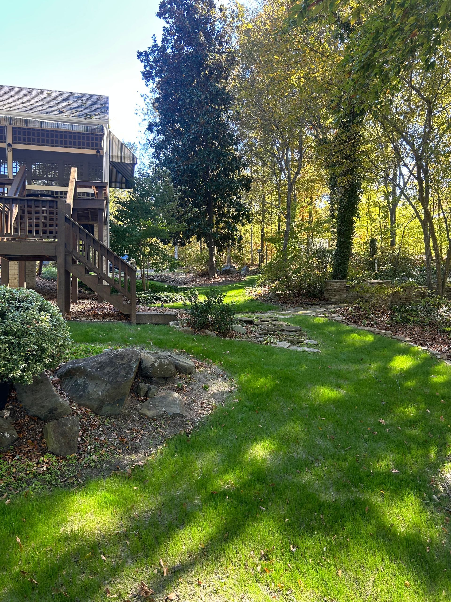 Hydroseeded slope with young trees and stakes, bordered by a patch of gravel, in an outdoor landscape.