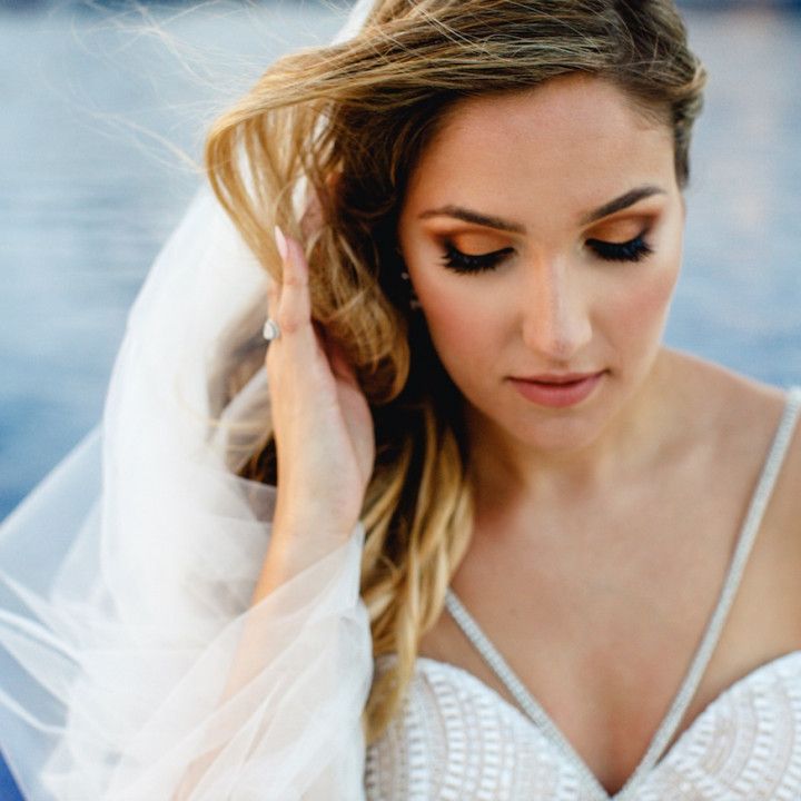 A woman in a wedding dress with a veil on her head