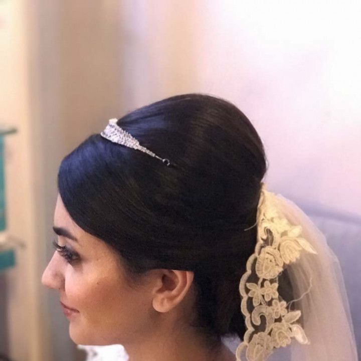 A woman wearing a veil and a tiara on her head