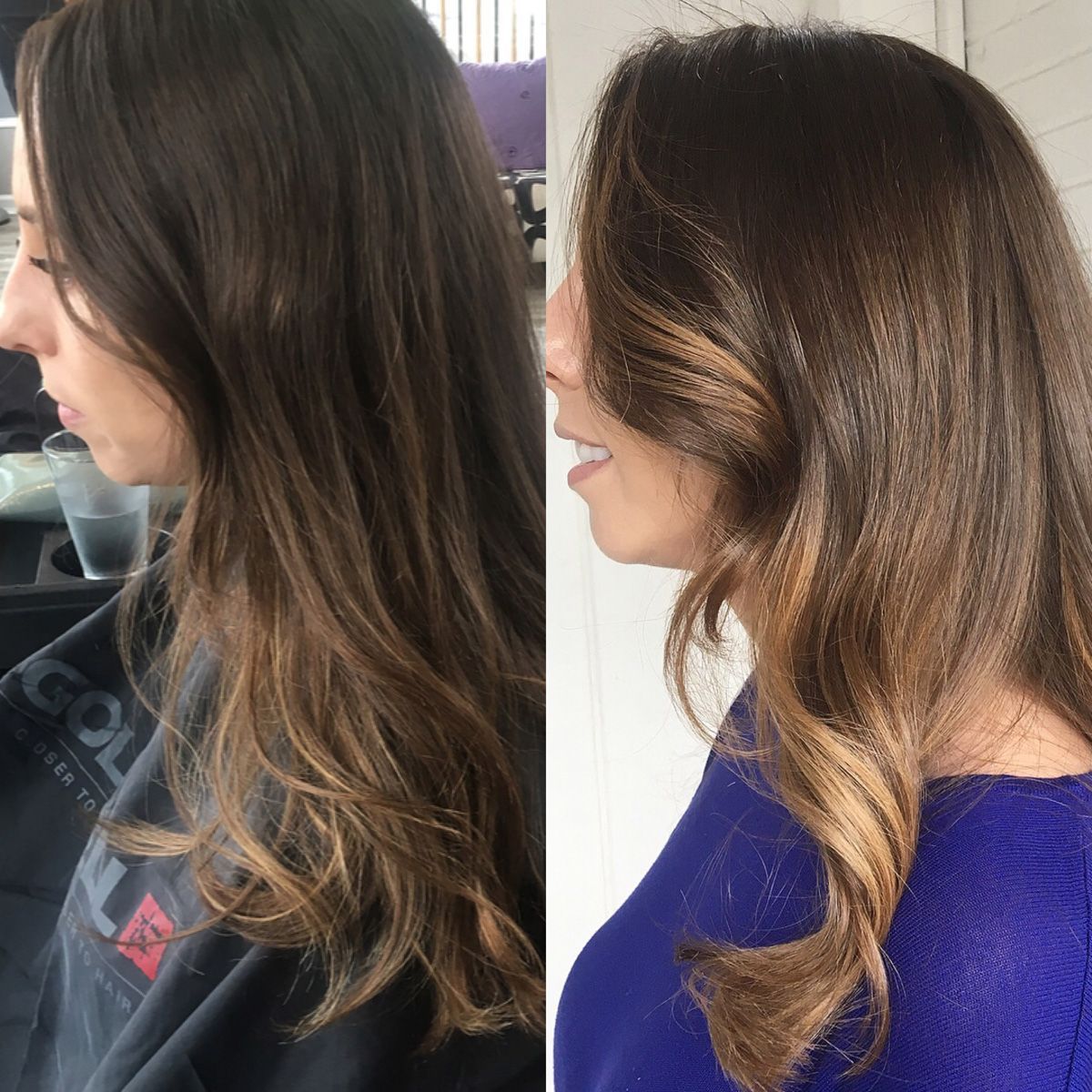 A before and after photo of a woman 's hair