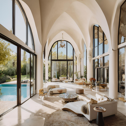 A living room with a lot of windows and a swimming pool
