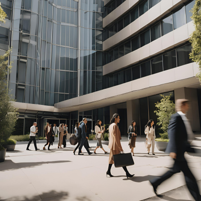 A group of people walking in front of a building