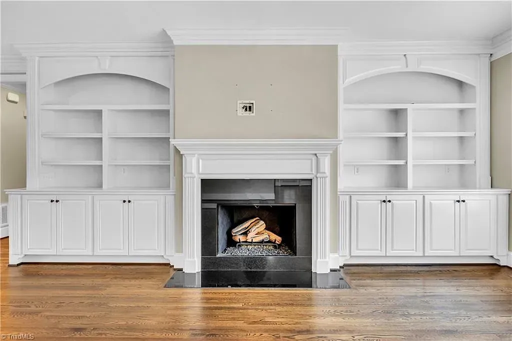 There is a fireplace in the middle of the room.