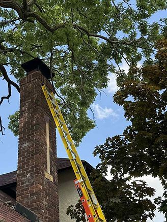 Brick chimney with yellow ladder extending towards a black cap, beneath leafy trees and blue sky.