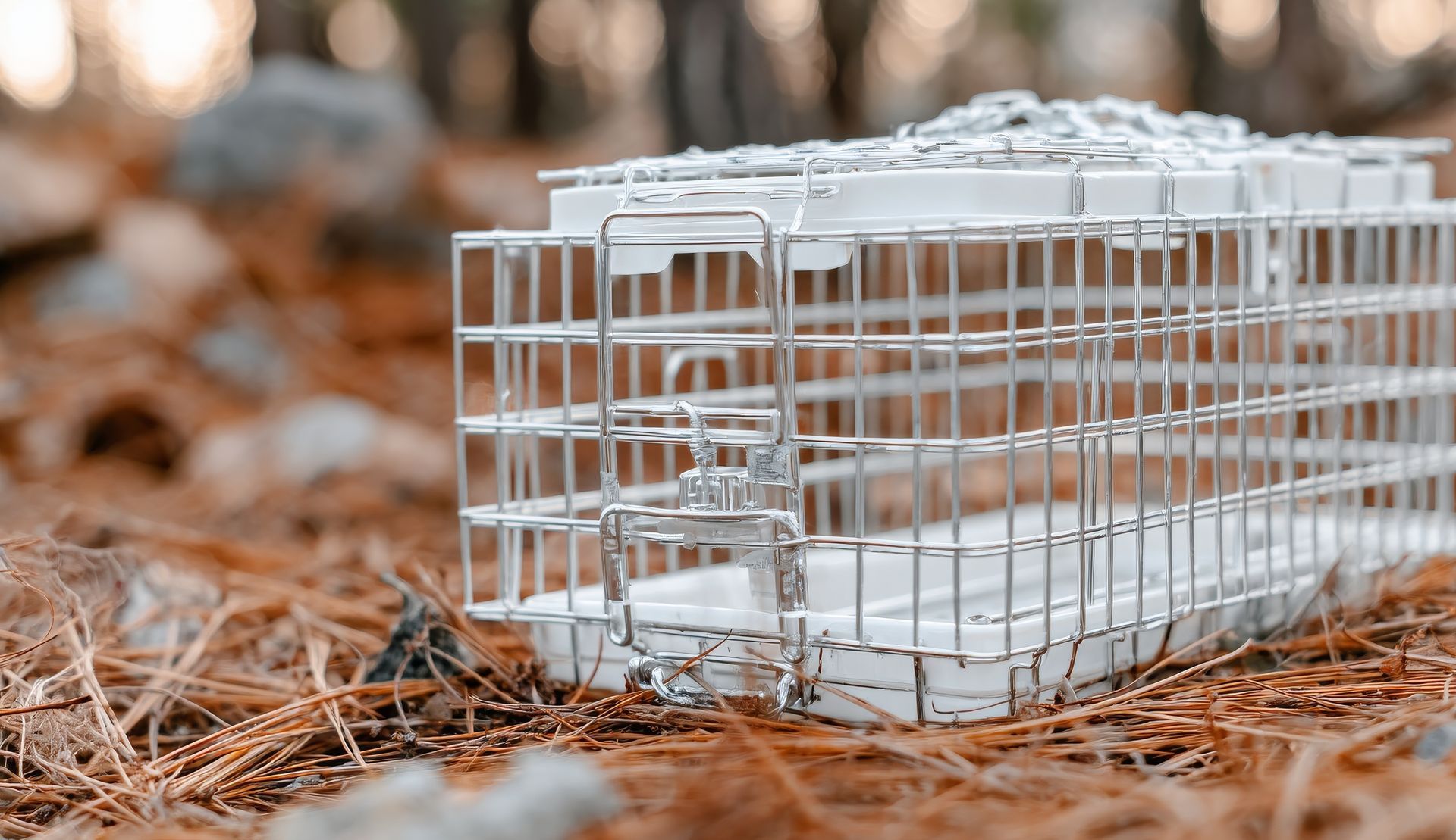 Wildlife animal removal service using humane live trap cage placed outdoors in wooded yard.