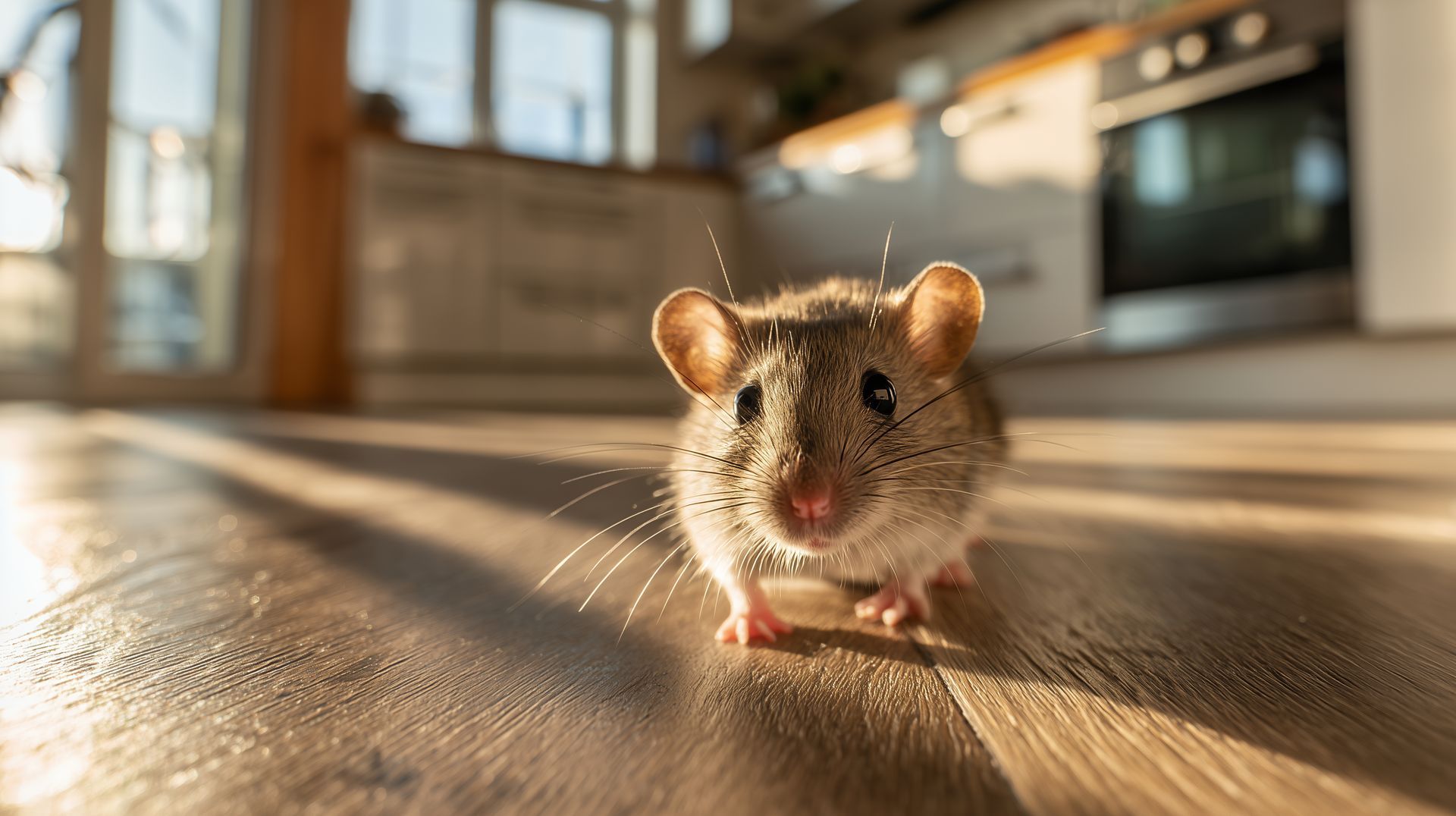 Close up of a small mouse standing on a kitchen floor with sunlight streaming in.