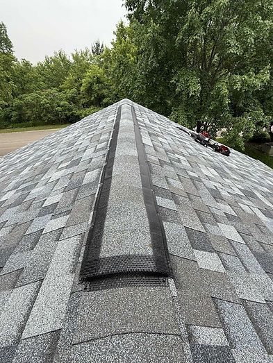 View from roof peak, showing asphalt shingles, black flashing, and trees in the background.