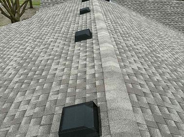 Gray shingled roof with black vents along the center ridge; outdoors on a sunny day.