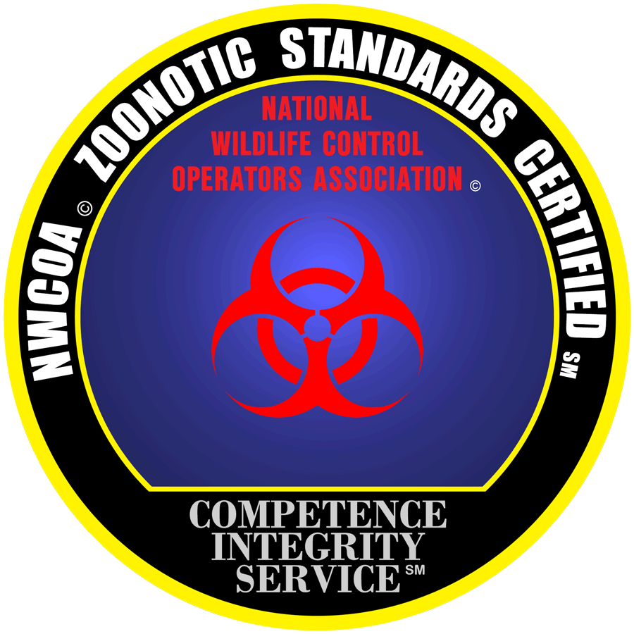 NWCOA Zoonotic Standards Certified logo, features biohazard symbol, emphasizing competence, integrity, and service.
