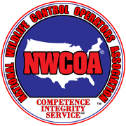 Logo for National Wildlife Control Operators Association, with U.S. map, red/blue/white colors.