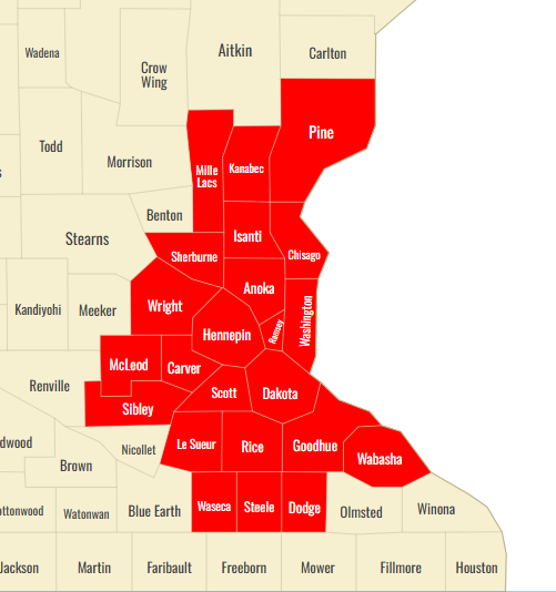 Map of Minnesota counties, with red highlighting concentrated in the central and eastern regions.
