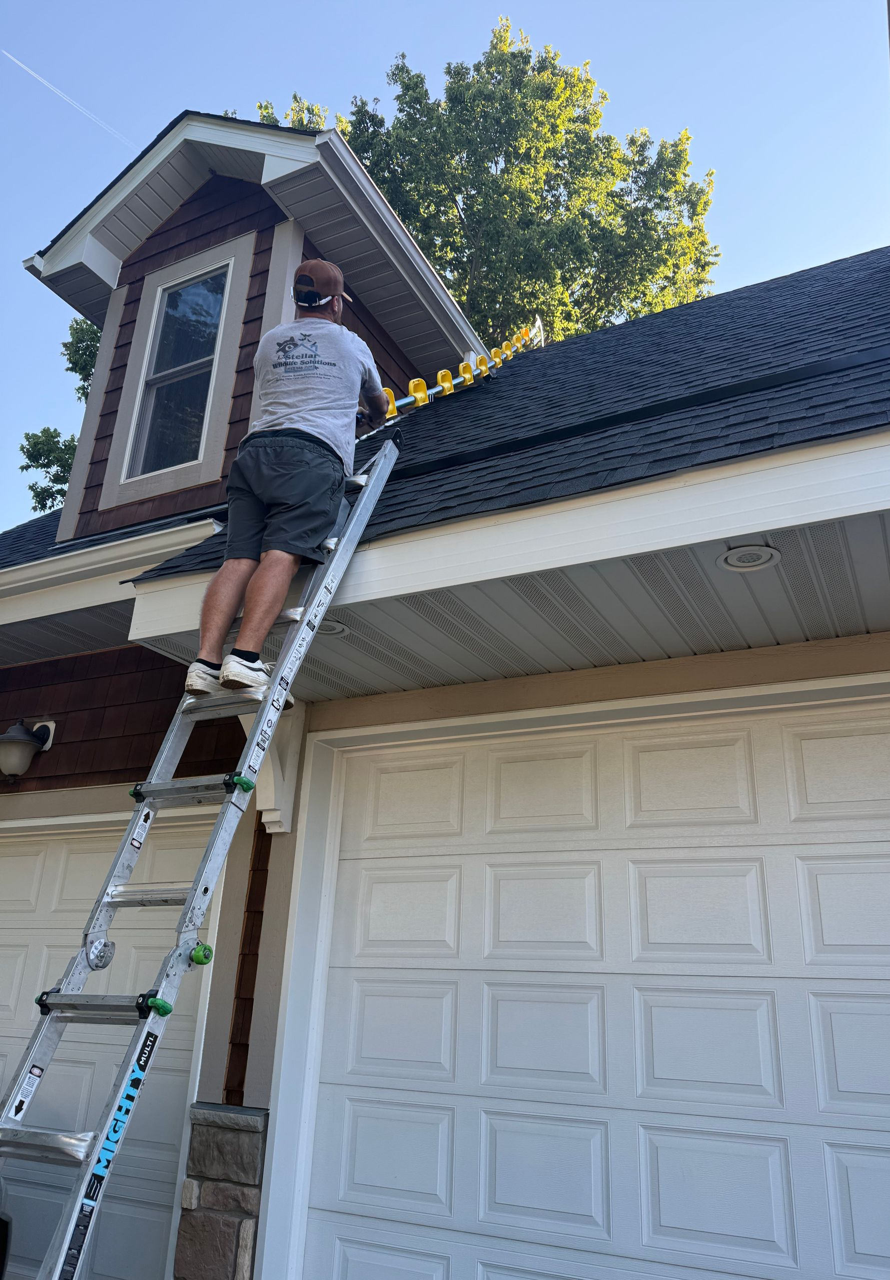 Man inspecting house exterior, holding tablet, examining siding near trees.