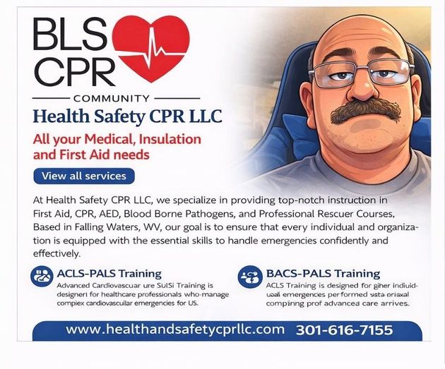 Promotional ad for Health Safety CPR LLC in Falling Waters, WV, featuring a man and training contact details.