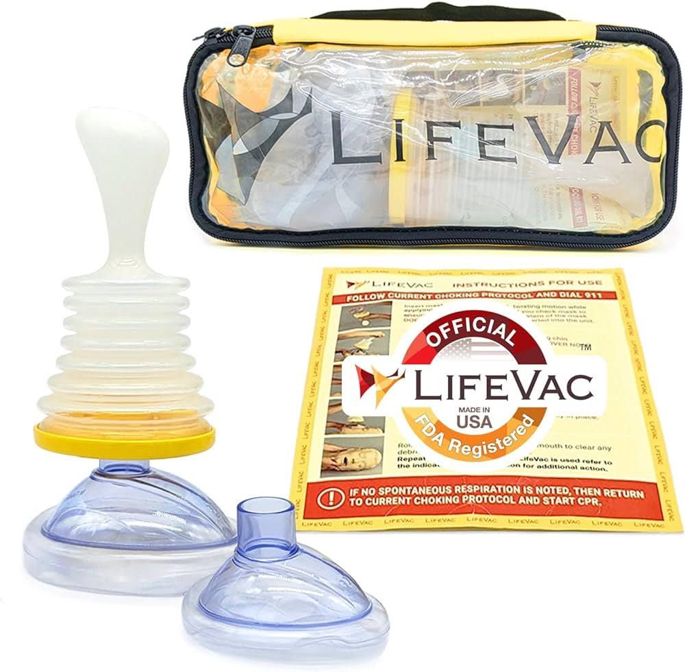 A lifevac bag with two masks and a plunger.
