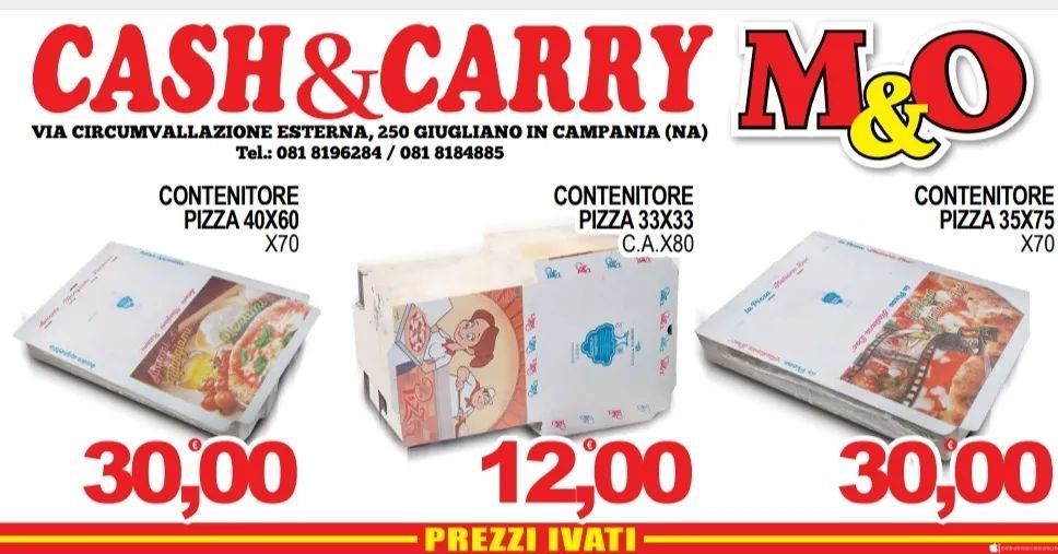 Una pubblicità per le scatole per pizza cash & carry m & o