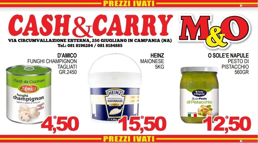 Una pubblicità per il cash & carry m & o mostra una varietà di prodotti