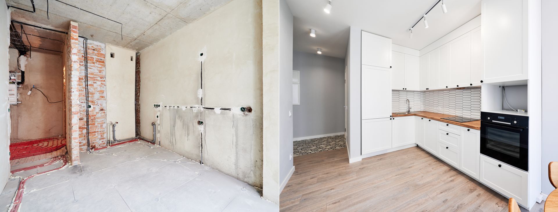 Before and after view of a kitchen renovation; raw construction on the left, completed modern kitchen on the right.