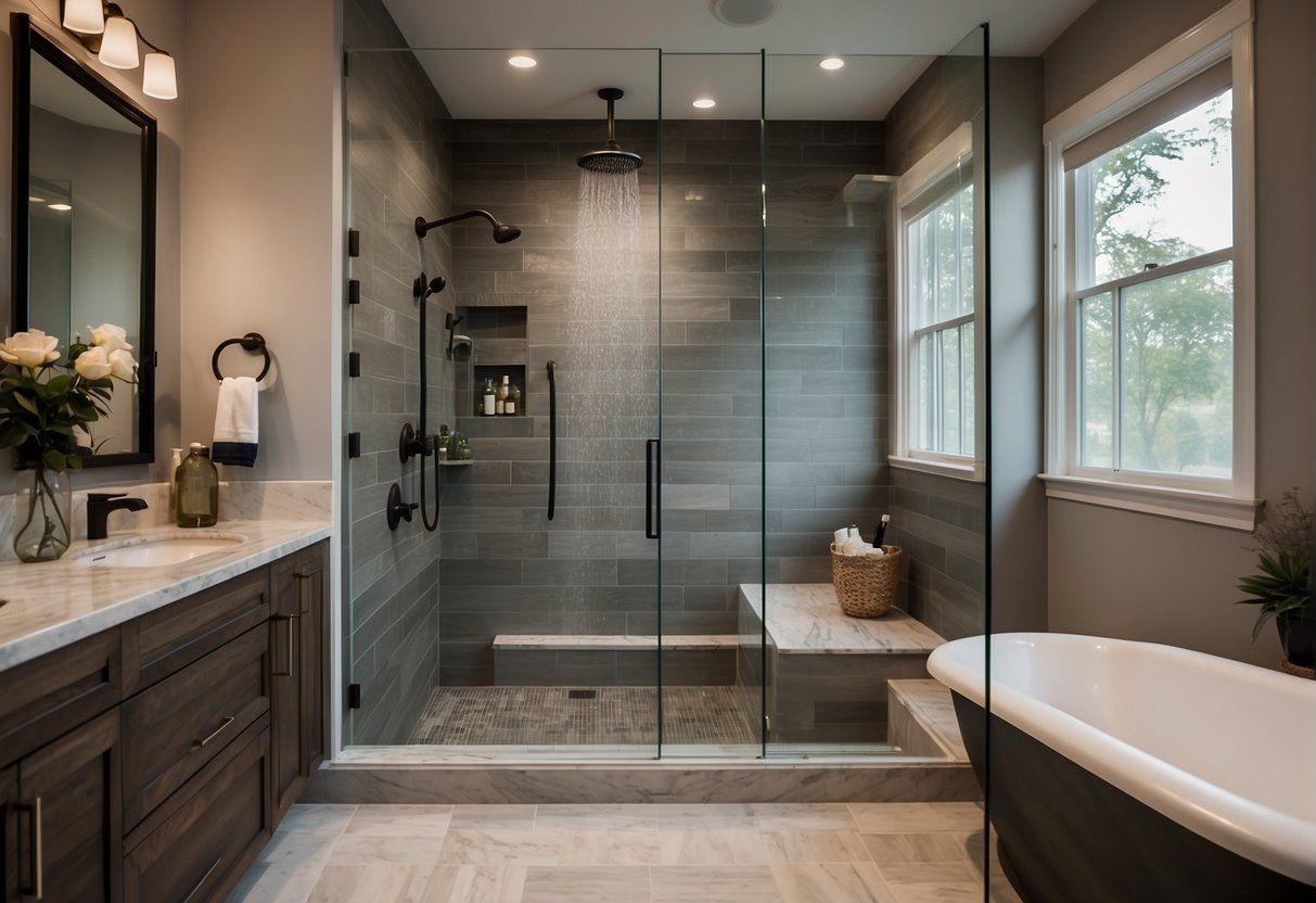 Walk-in shower, tub, sink, and mirror.