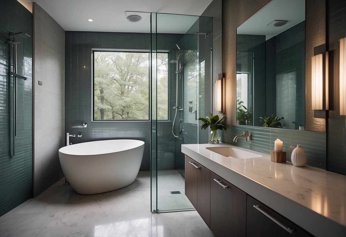 A tub, sink, mirror, and walk-in shower.