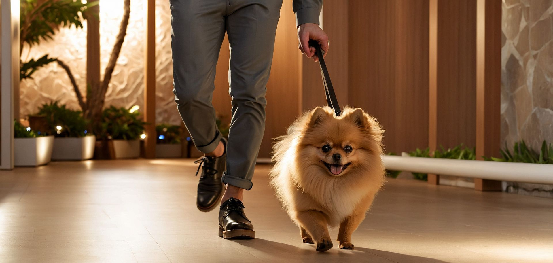 Um homem está passeando com um cachorro pequeno na coleira.