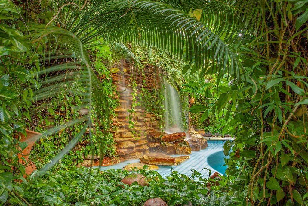 Uma cascata deságua em uma piscina rodeada por uma exuberante folhagem tropical verde.