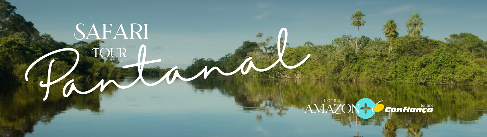 Um pôster de safári no pantanal com um lago e árvores ao fundo.