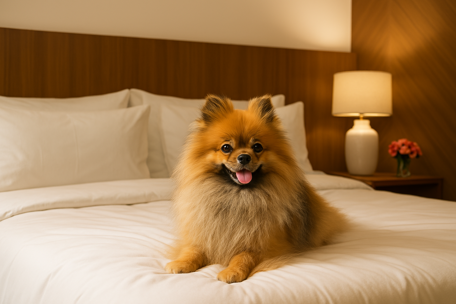 Um cãozinho da raça Pomerânia, fofo e de cor castanha, está sentado alegremente em uma cama branca em um quarto de hotel.