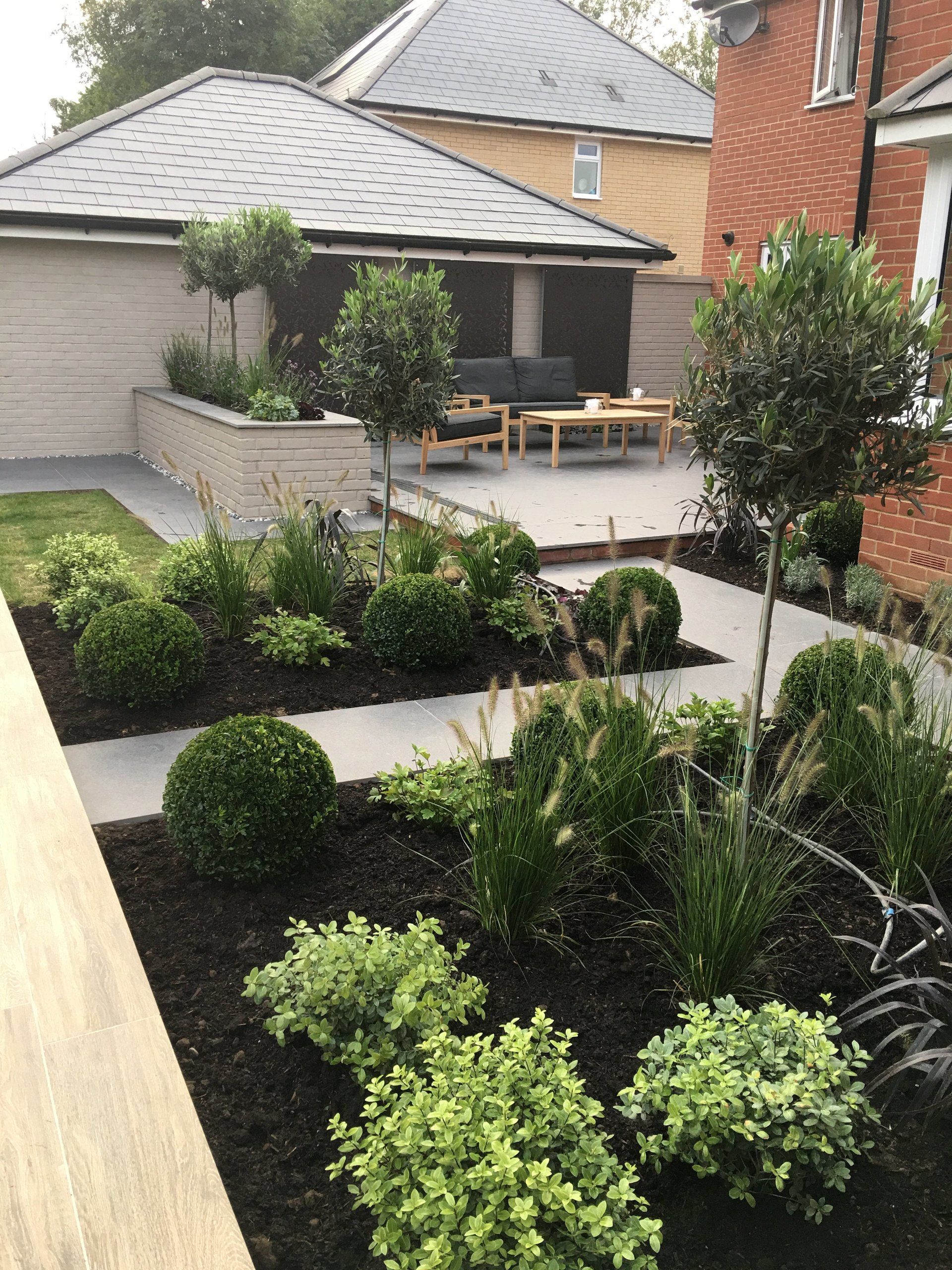A lush green garden with a brick house in the background