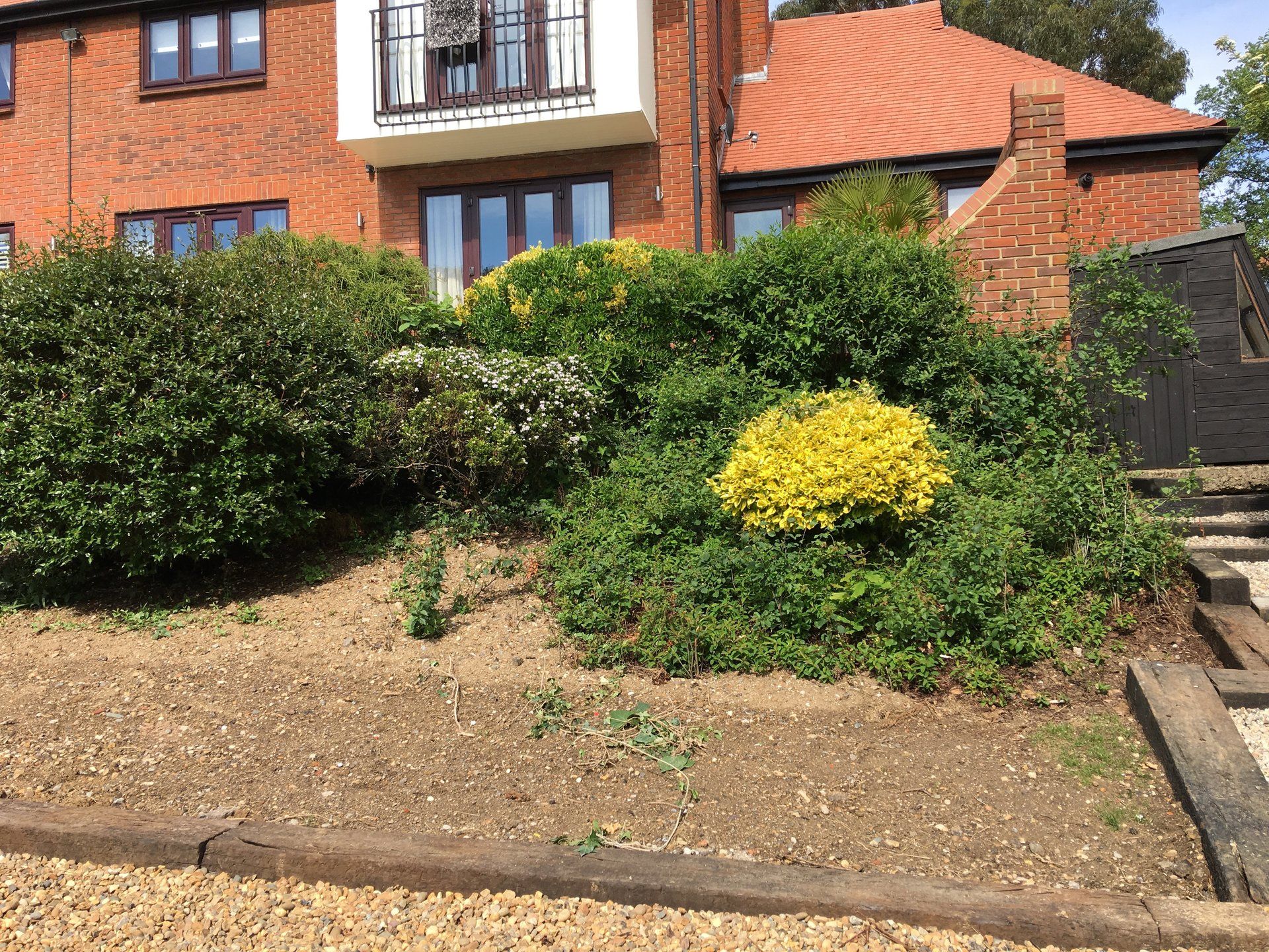 A brick house with a balcony is surrounded by bushes and shrubs.
