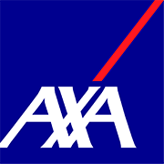 Un logotipo AXA azul y blanco con una línea roja.