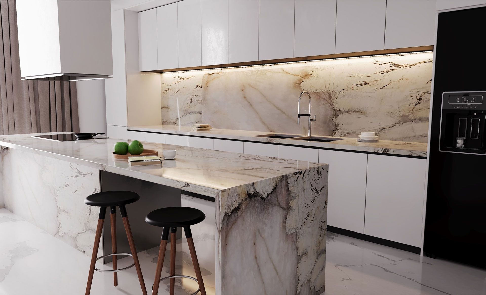 Modern kitchen with white cabinets, marble backsplash and island, and black stools.