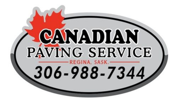Logo for Canadian Paving Service in Regina, Saskatchewan, featuring a red maple leaf icon and phone number 306-988-7344.