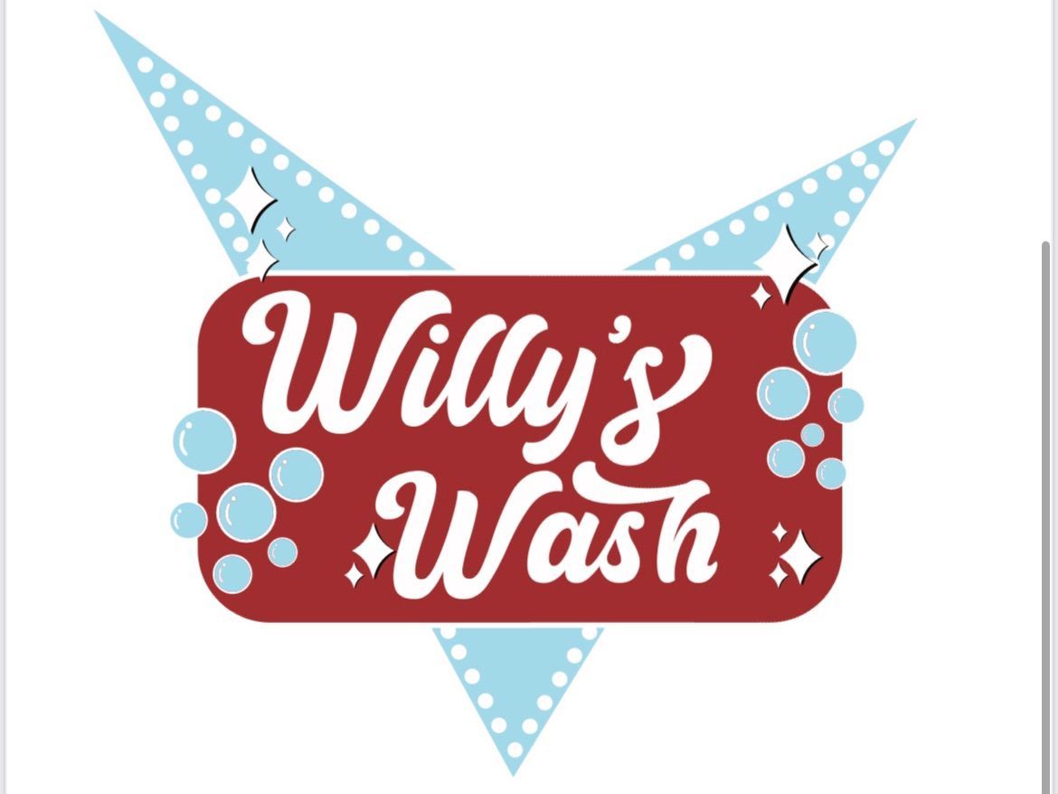 A red and blue logo for willy 's wash